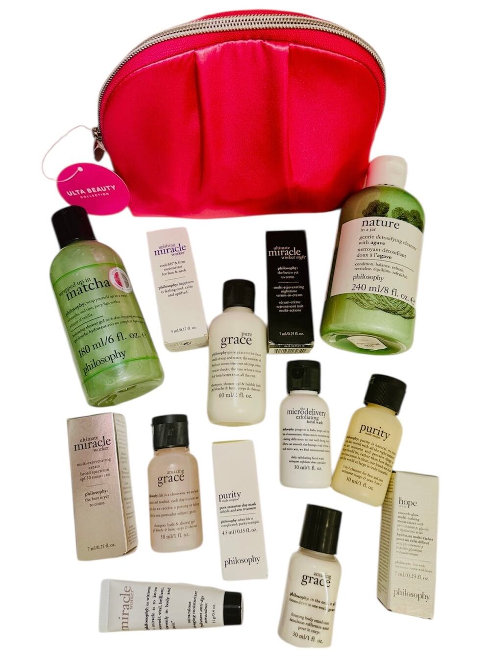 PHILOSOPHY NEW 14 PC Set Skincare Beauty Bundle with Pink Cosmetic Makeup Bag